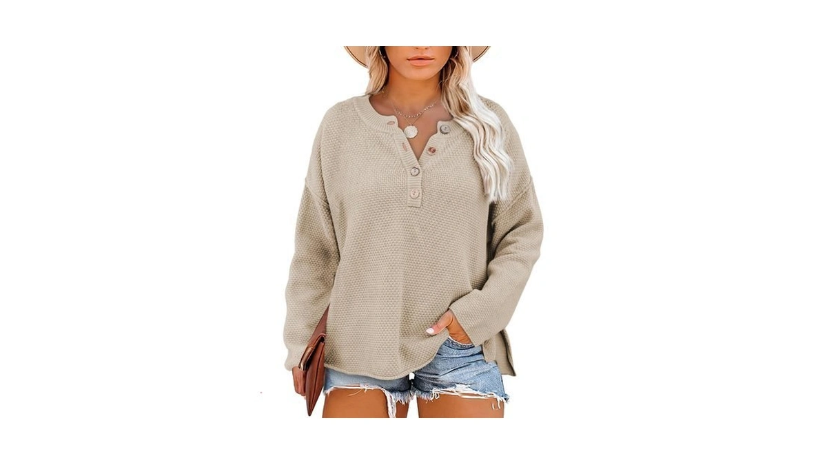 Eytino Womens Plus Size V Neck Waffle Sweater Oversized Long