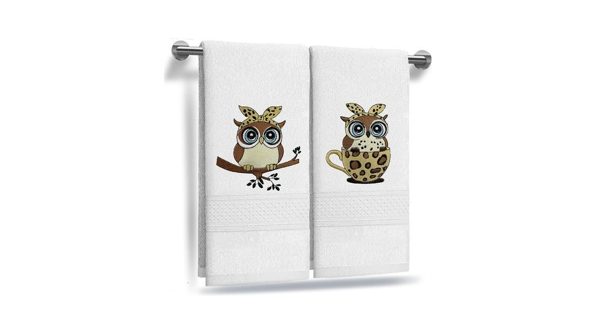 Woogcheir Funny Owl Kitchen Towels Set Of 2,leopard Embroidered Hand