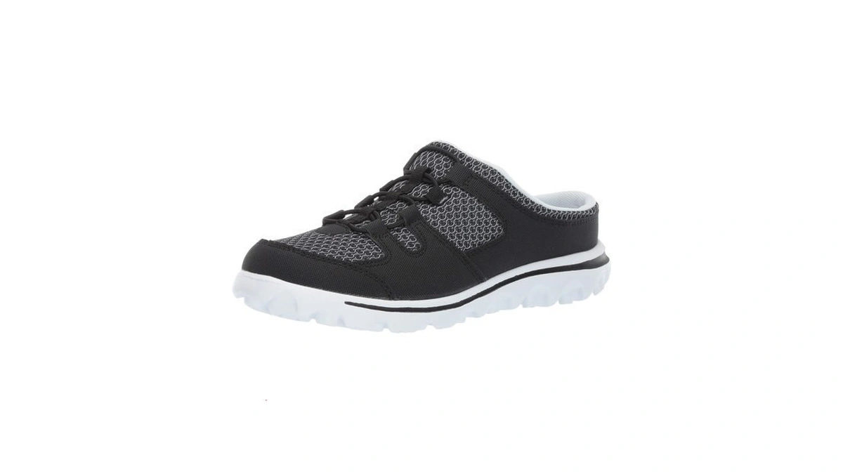 Propét Women Travelactiv Slide Sneaker, Black, 05 B Us
