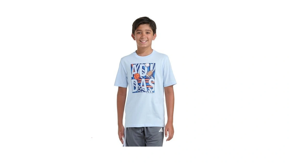 Adidas Boys Sports Theme Short Sleeve Tee, Crystal Sky, M(10/12)