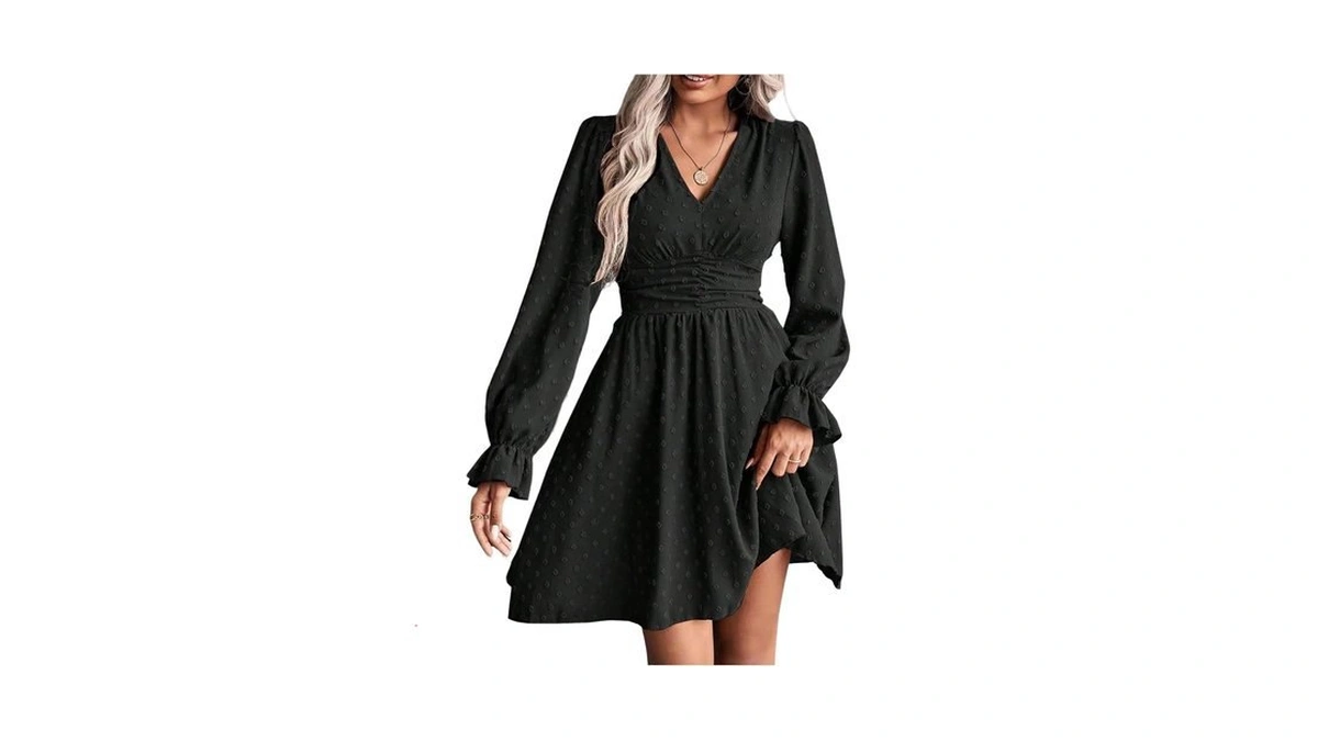 Oyoangle Women's Swiss Dots Long Sleeve Ruffle Short Dresses Black