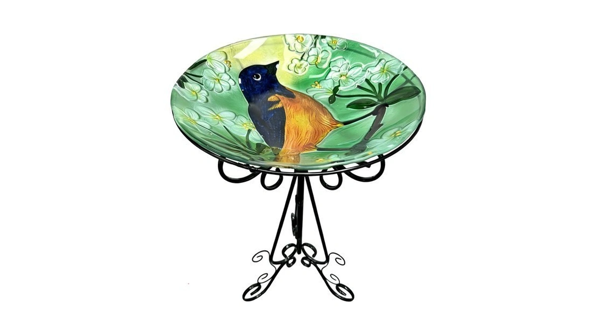 Ouisjyer Large Glass Bird Bath With Metal Stand, Baltimore Oriole