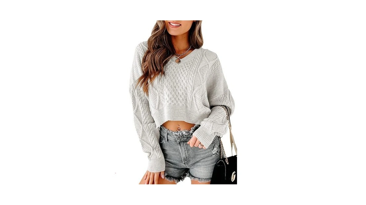 Tankaneo Women's V Neck Cropped Sweater Long Sleeve Crop Top