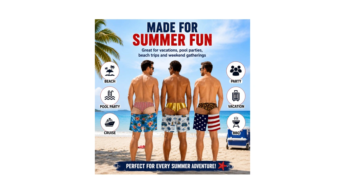 Custom Funny Swim Trunks For Men Hairy Butt Cheek Gag