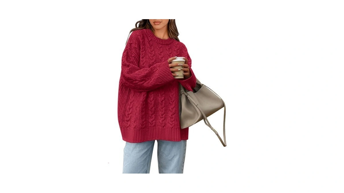 Okiwam Women's Oversized Sweaters Crewneck Cable Knit Pullover,red,s