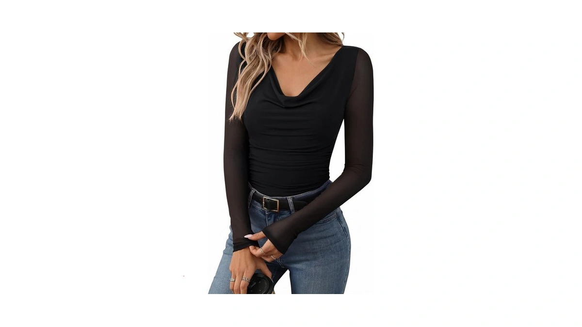 Pinkmstyle Black Mesh Bodysuit Women Cowl Neck Long Sleeve Tops