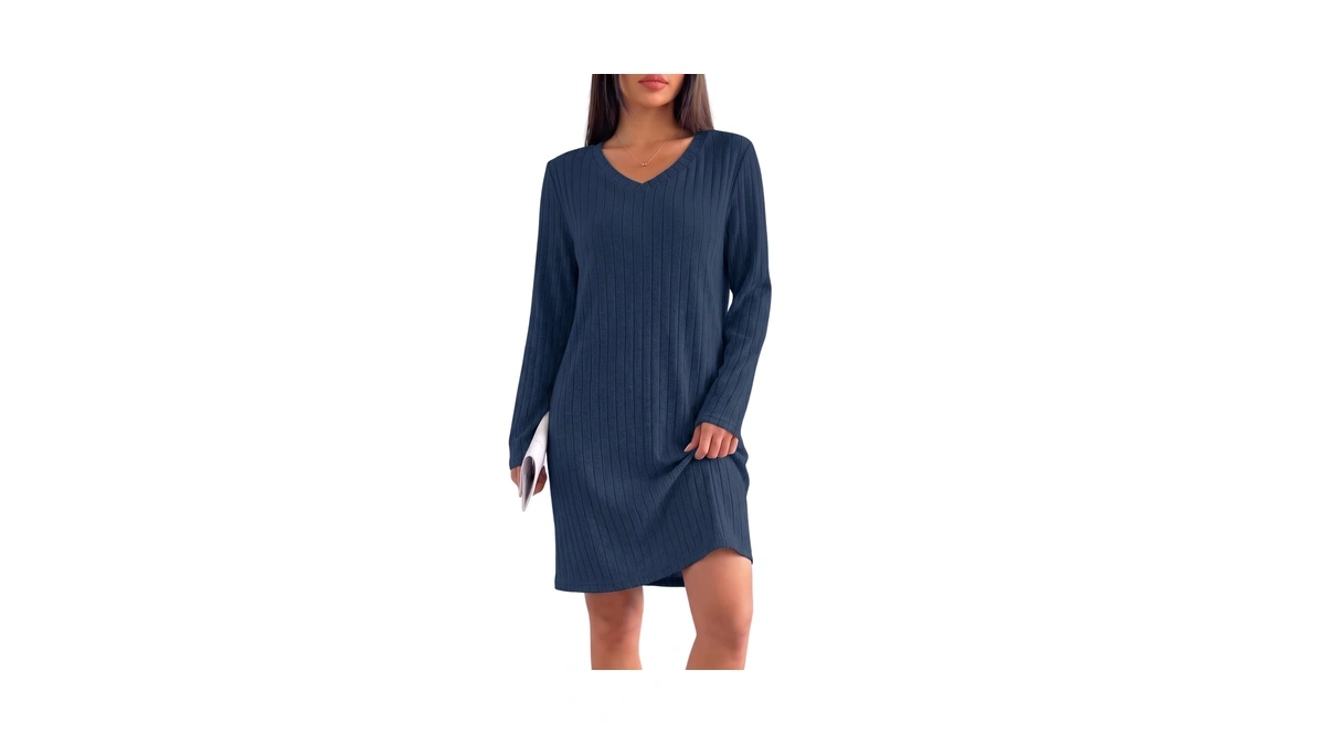 Ekouaer Long Sleeve Nightgowns For Women V Neck Ribbed Knit