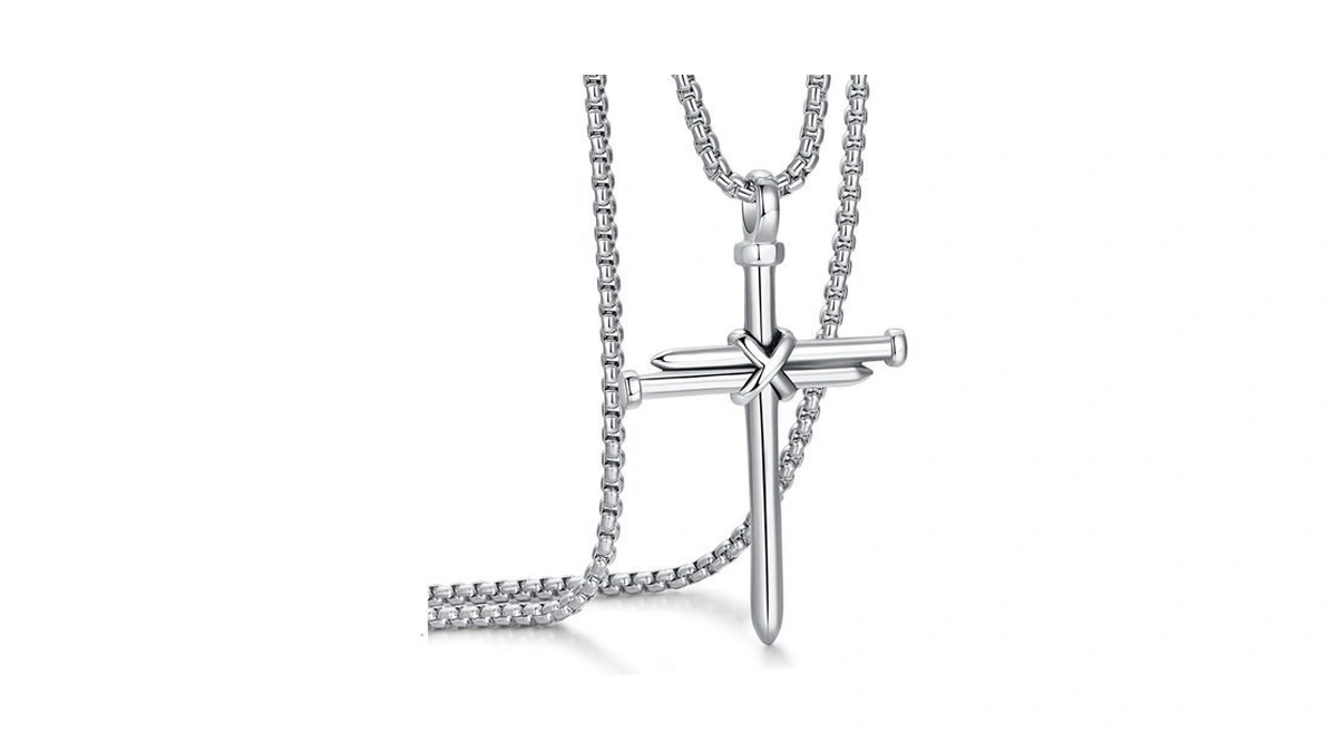 Men's Stainless Steel Nail Cross Pendant Necklace 24 Inch Chain
