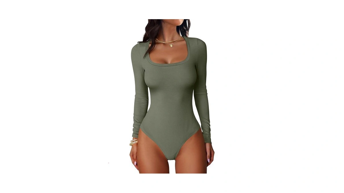Anrabess Women Scoop Neck Bodysuits Long Sleeve Shirts Army Green