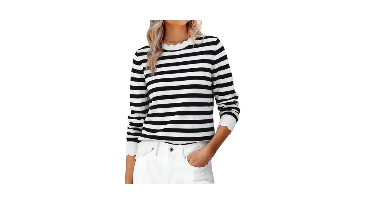 Anrabess Sweaters For Women Loose Fit Lightweight,white Black Stripe,l