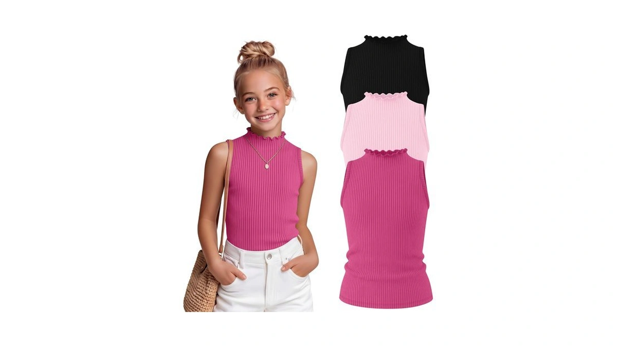 Ficerd 3 Pack Girls Mock Neck Tank Tops, 3-color, 13-14