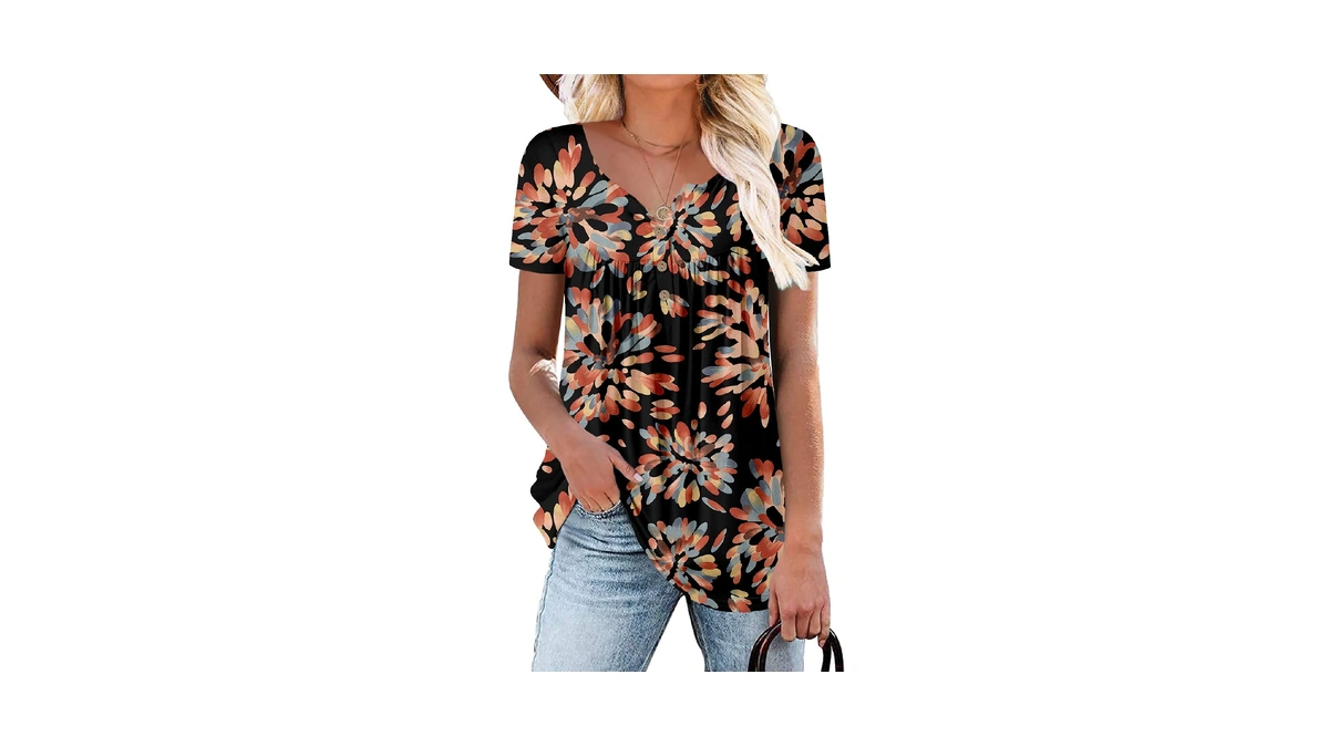 Mystry Zone T-shirts For Women Short Sleeve Floral Henley V-neck