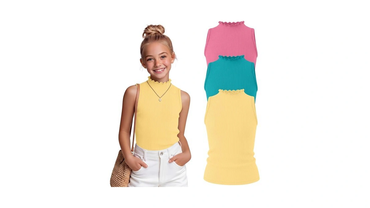 Ficerd 3 Pack Girls Mock Neck Tank Tops, 3-color, 13-14