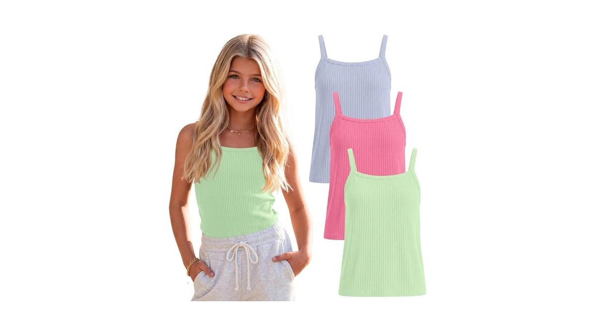Lessonzoo 3 Pack Girls' Ribbed Tank Tops, 3-color, 9-10 Years