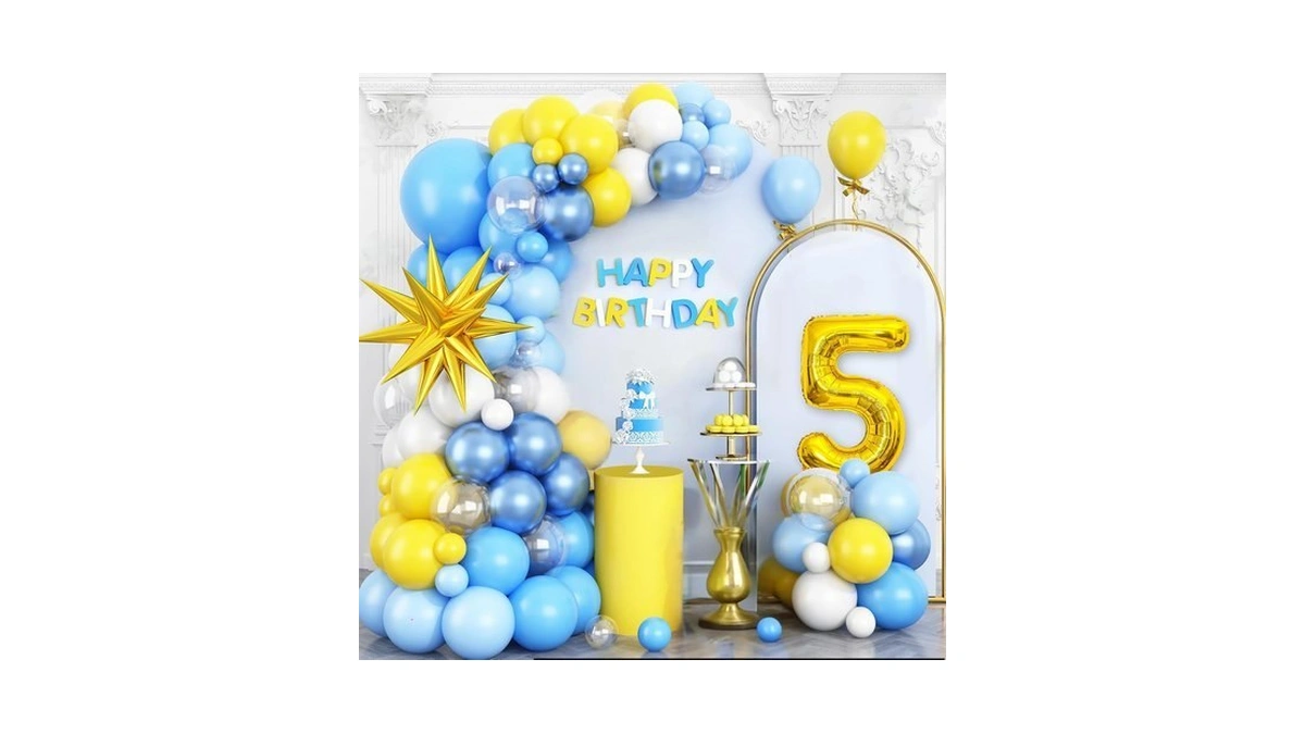 Yellow Blue 5th Birthday Balloons Arch, Baby Blue Clear White