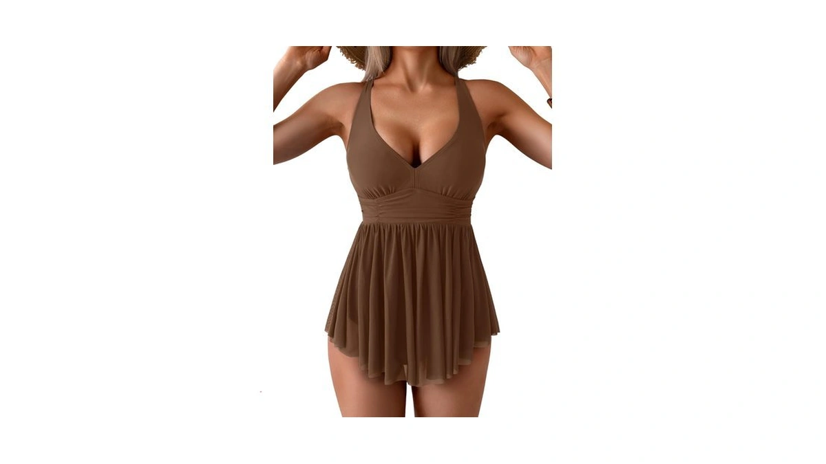 Aidonger Women's One Piece Swim Dress Swimsuit Tummy Control Mesh