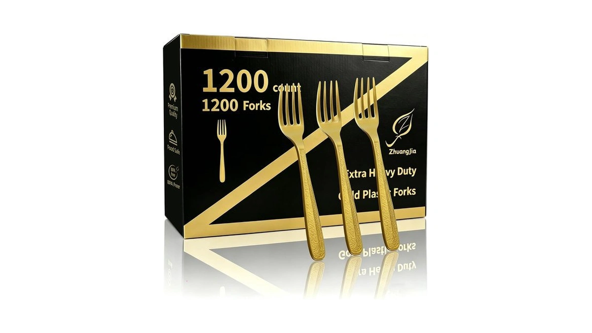 Zhuangjia 1200 Count Heavy Duty Gold Plastic Forks Disposable, 7.3