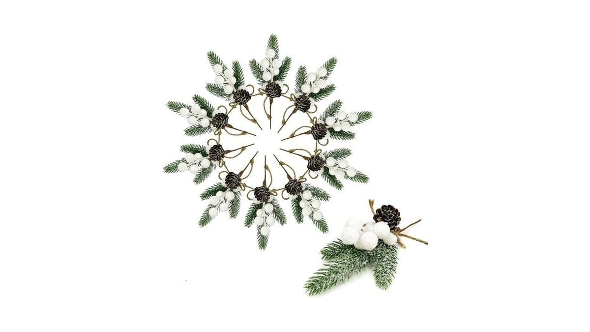 Wakdiz White Berry Stems Floral Pine Cones 10pcs Christmas Artificial