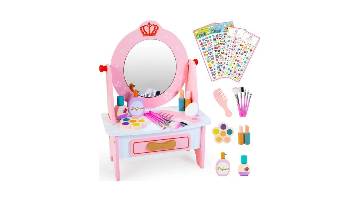 Kizfarm Wooden Pretend Play Makeup Vanity Set For Little Girls