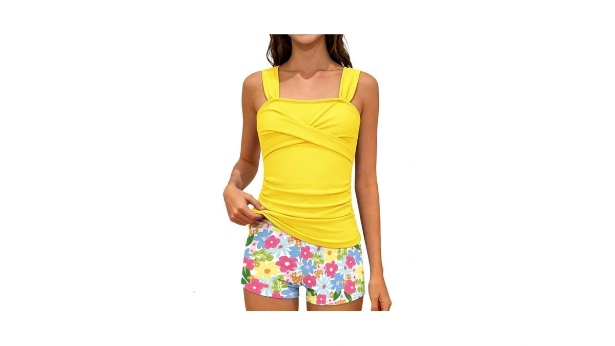 Gemlon Girls Swimsuits Yellow Twist Cross Square Neck Top With