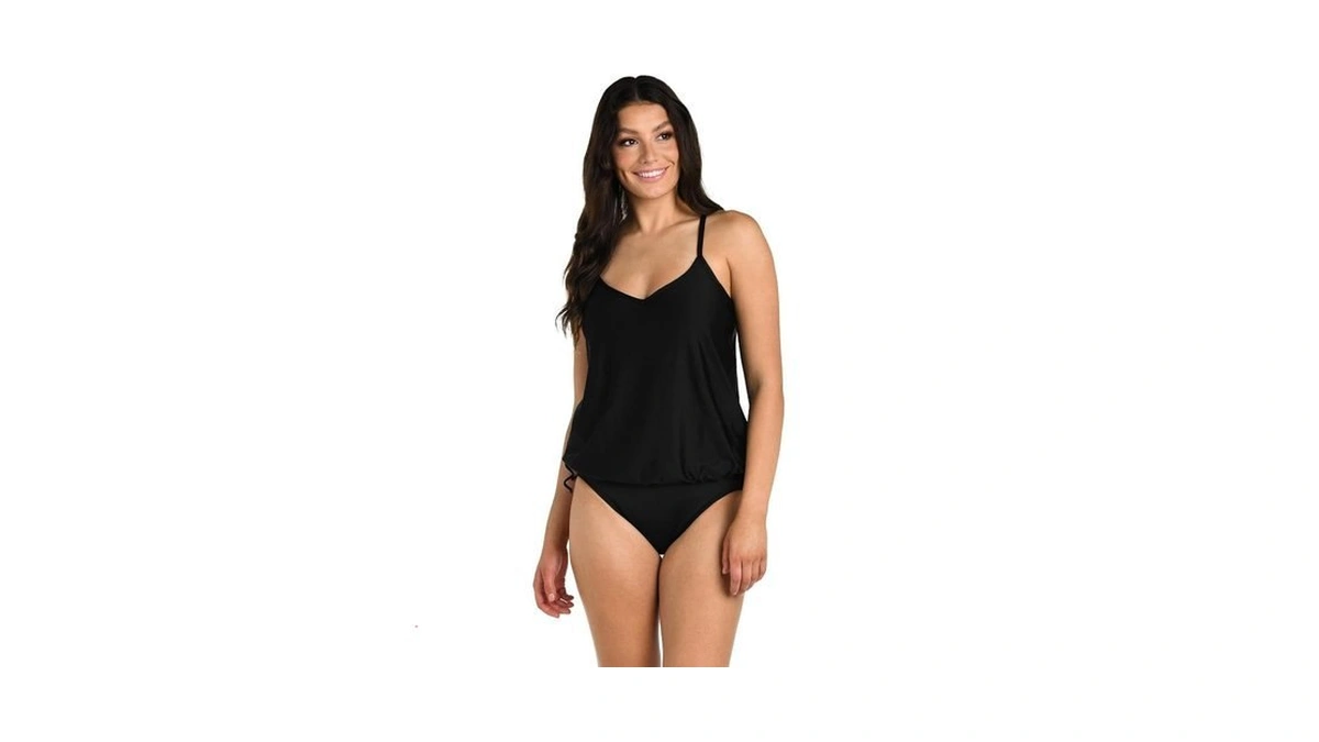 24th & Ocean Women's Underwire V-neck Blouson Tankini Swimsuit Top,