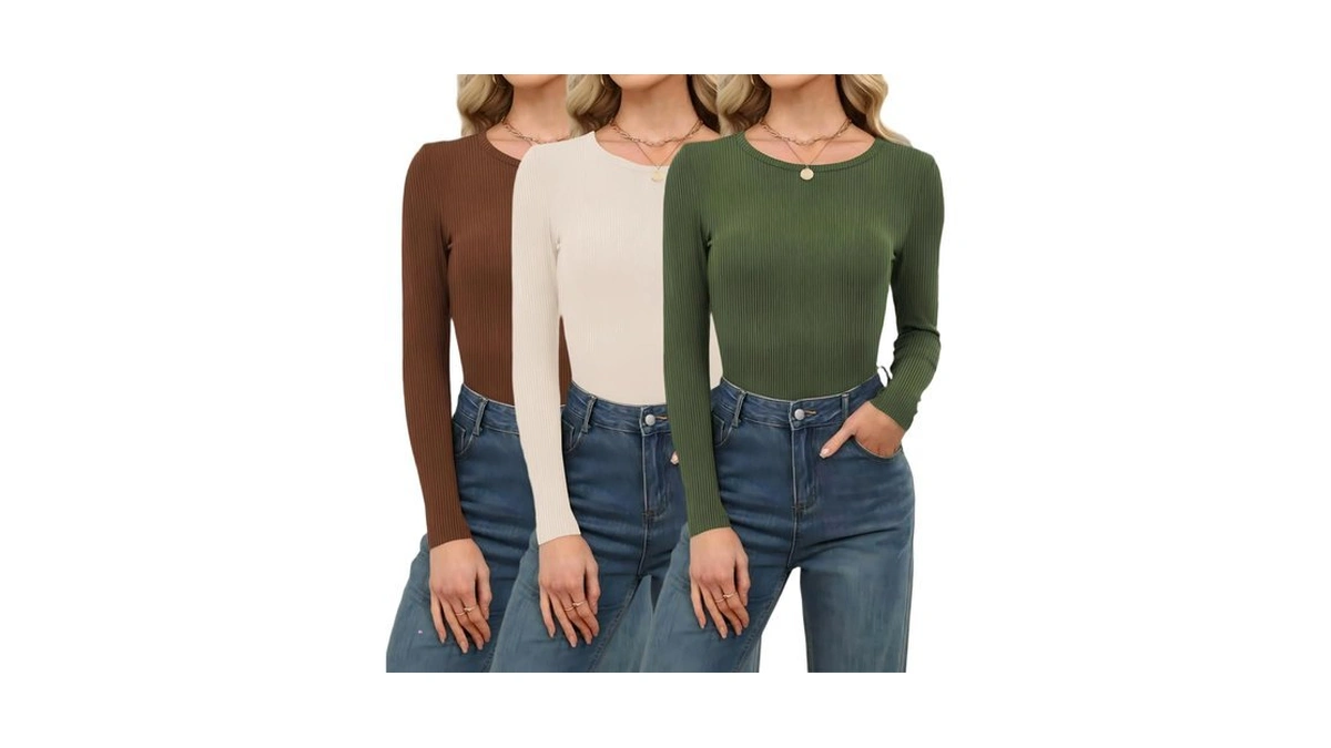 Datamount Womens Cream Ribbed 3 Pack Long Sleeve Tee Fitted