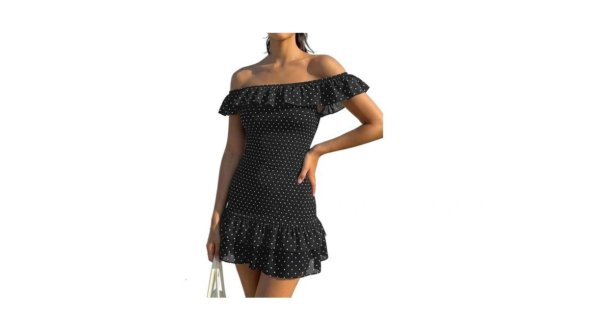 Fomely Women's Polka Dot Dress Off Shoulder Mini Dress Ruffle