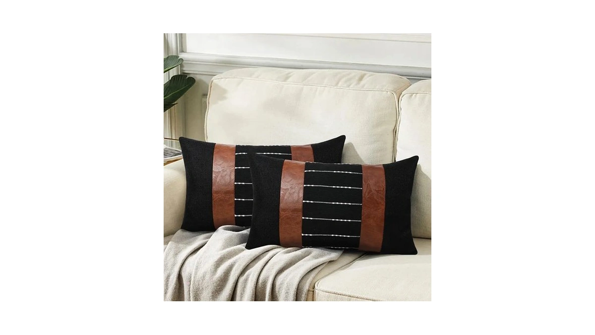 Faux Leather Patchwork Linen Lumbar Pillow Covers 12x20 Boho Decorative