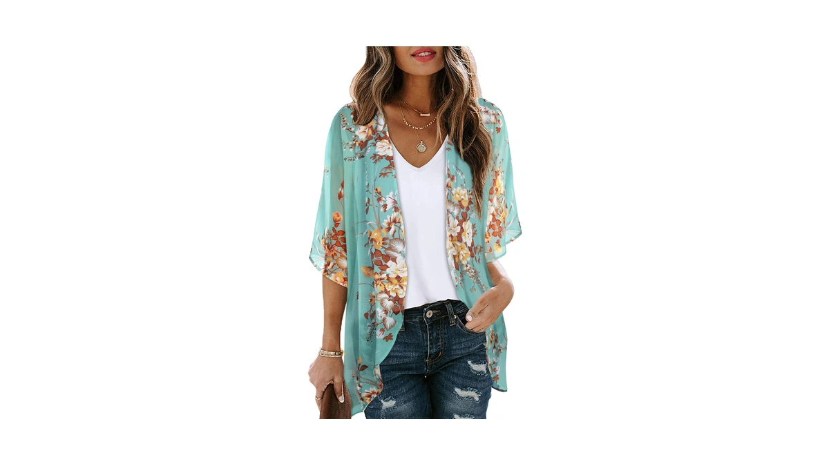 Women's Floral Kimono Cardigan Cover Up Casual Tops,aqua Blue,l