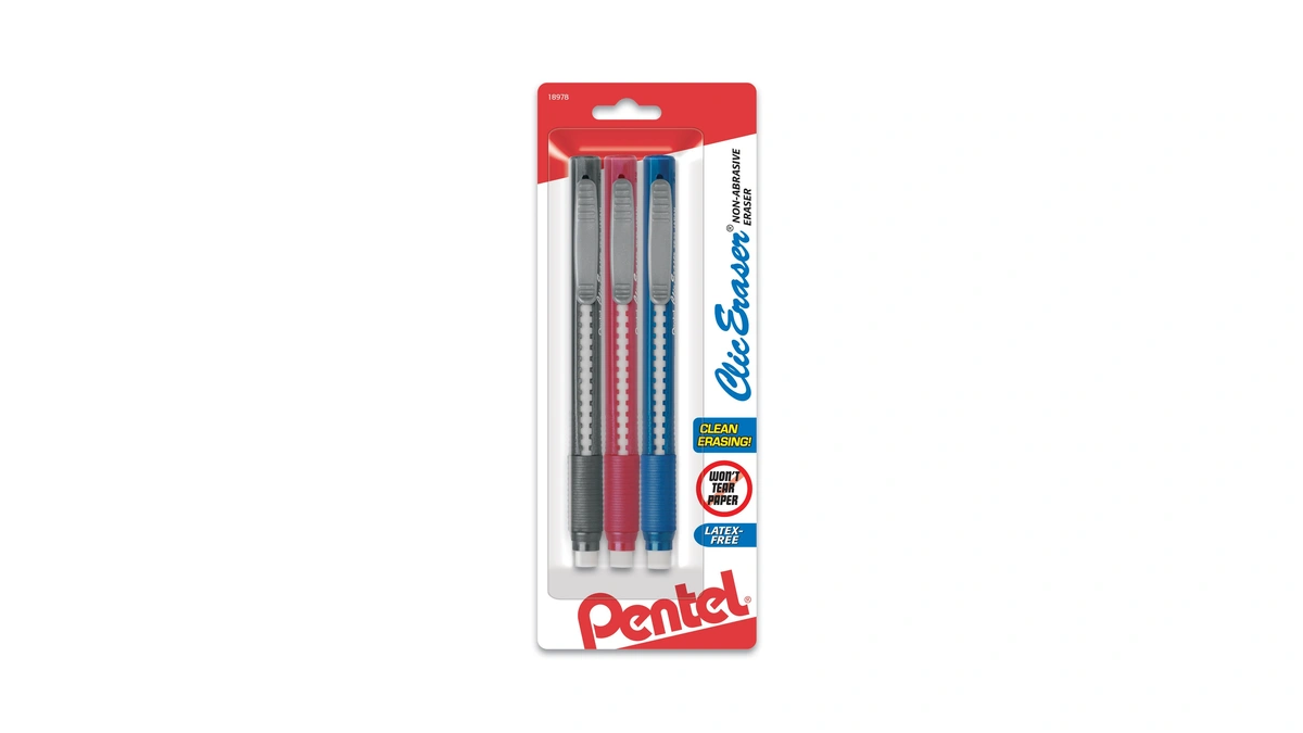 Pentel Clic Retractable Eraser With Grip, Assorted Barrel Colors (ze21bp3m)