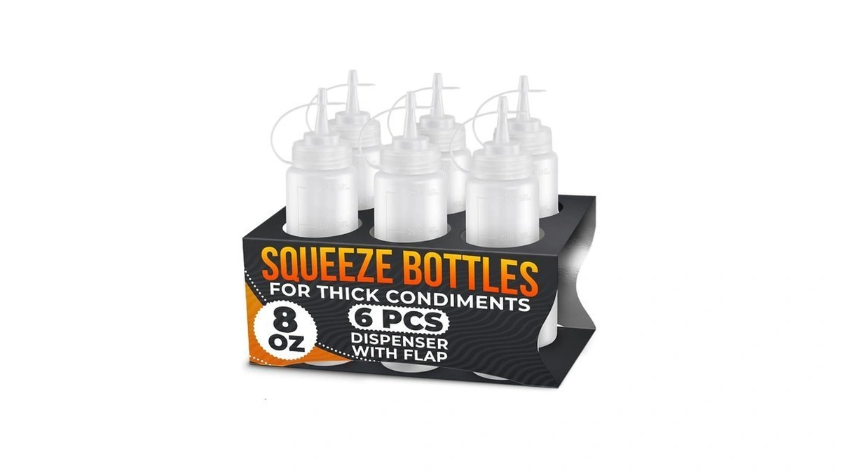 Hyqo 6-pack Condiment Squeeze Bottles, 8 Oz, Plastic, Narrow Tip