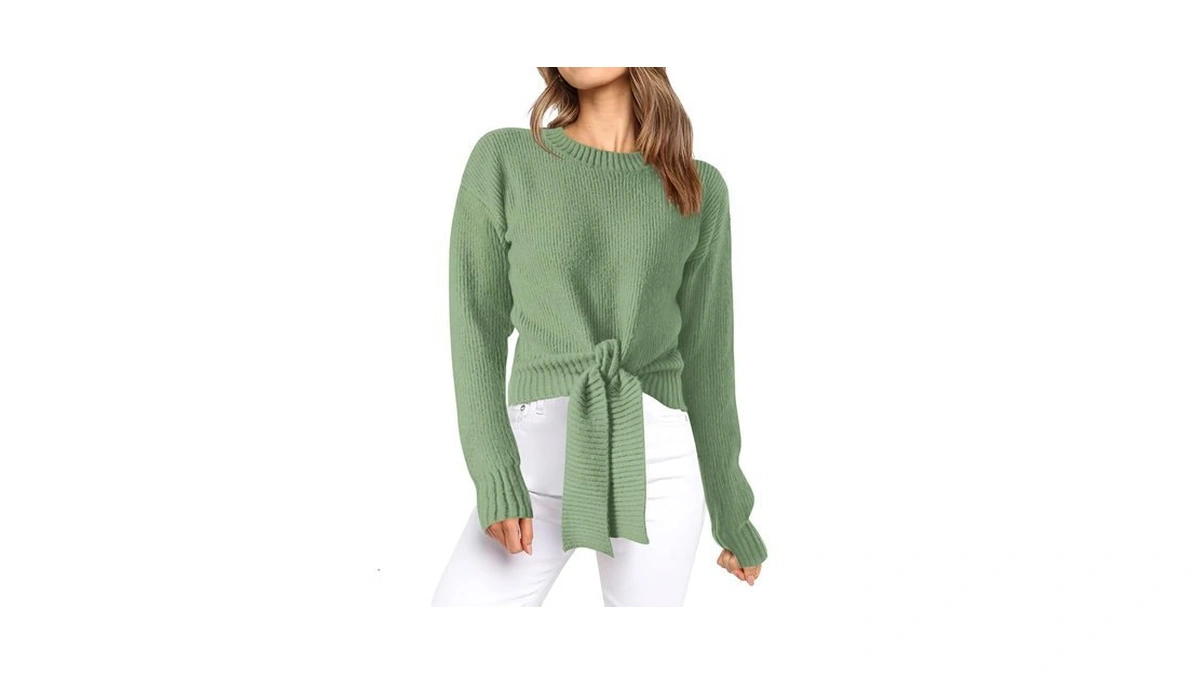 Okiwam Womens Sweater Long Sleeve Crew Neck Tie Front Crop