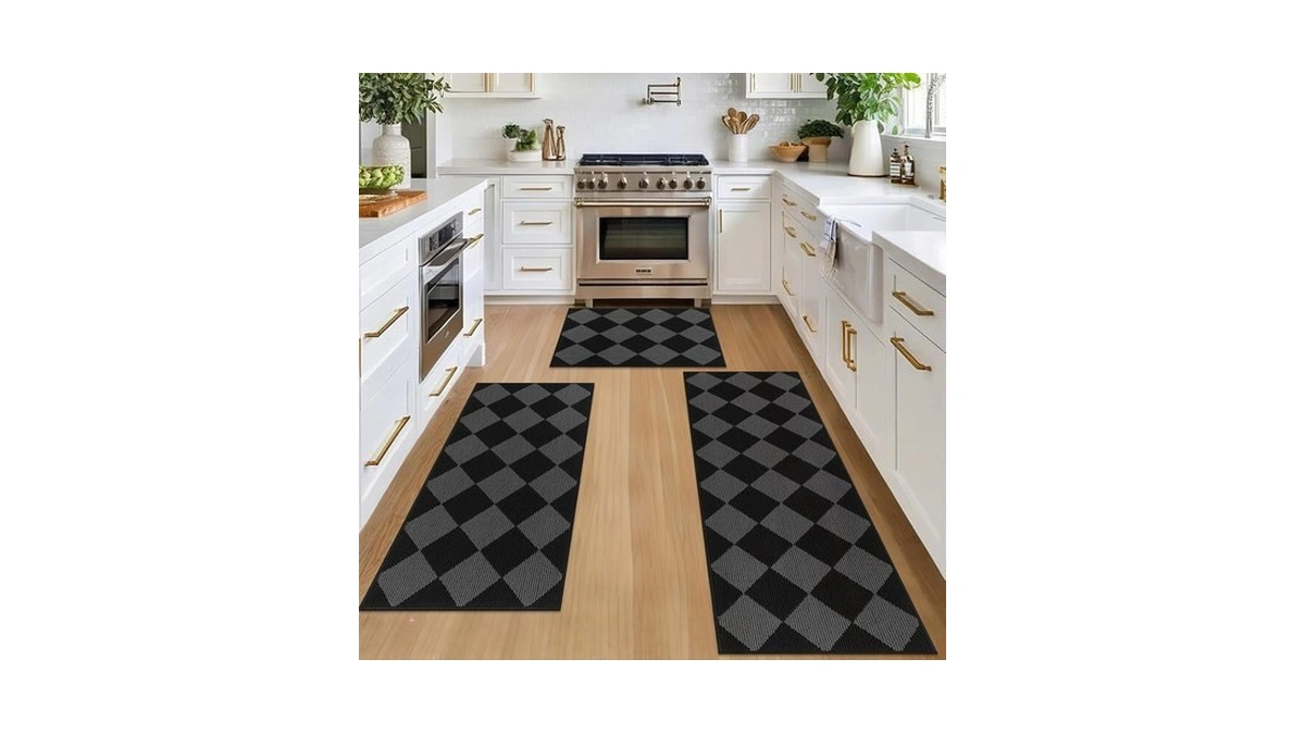 Shacos 3pcs Kitchen Rug Checkered Kitchen Mat Set, Black/grey