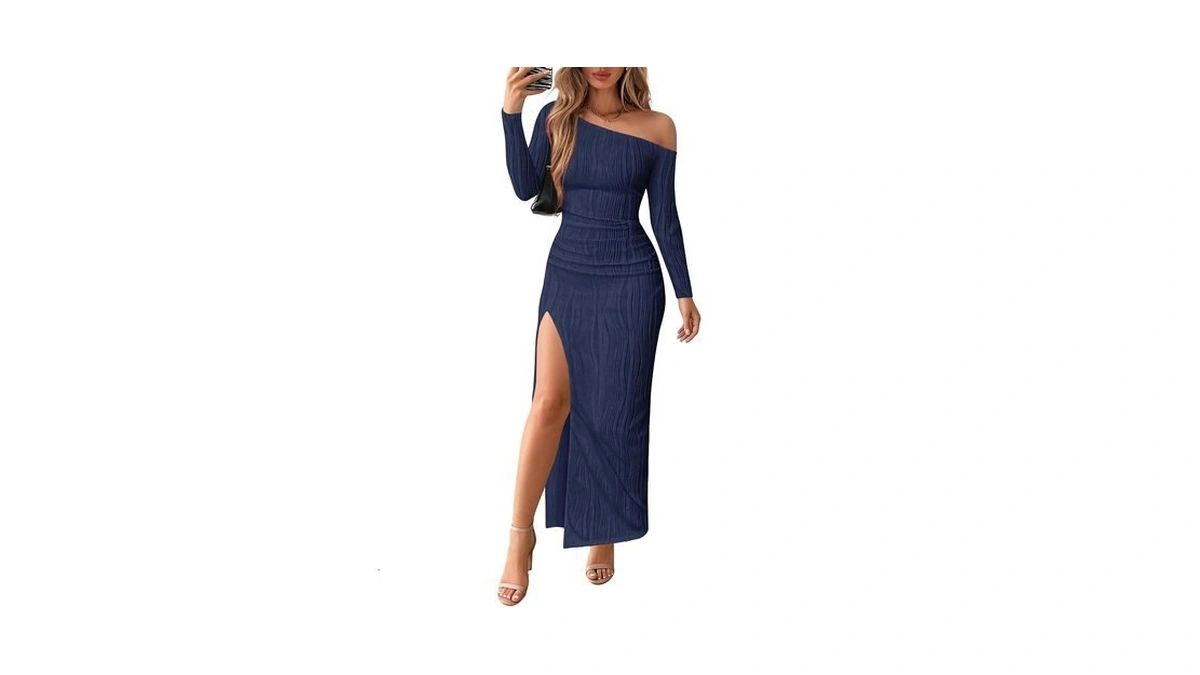 Lazysmile Off Shoulder Bodycon Slit Formal Long Sleeve Dresses For