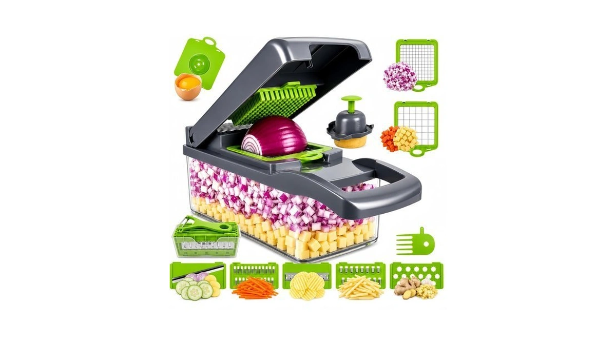 Vegetable Chopper, Onion Dicer & Mandoline Slicer With Container, Grey