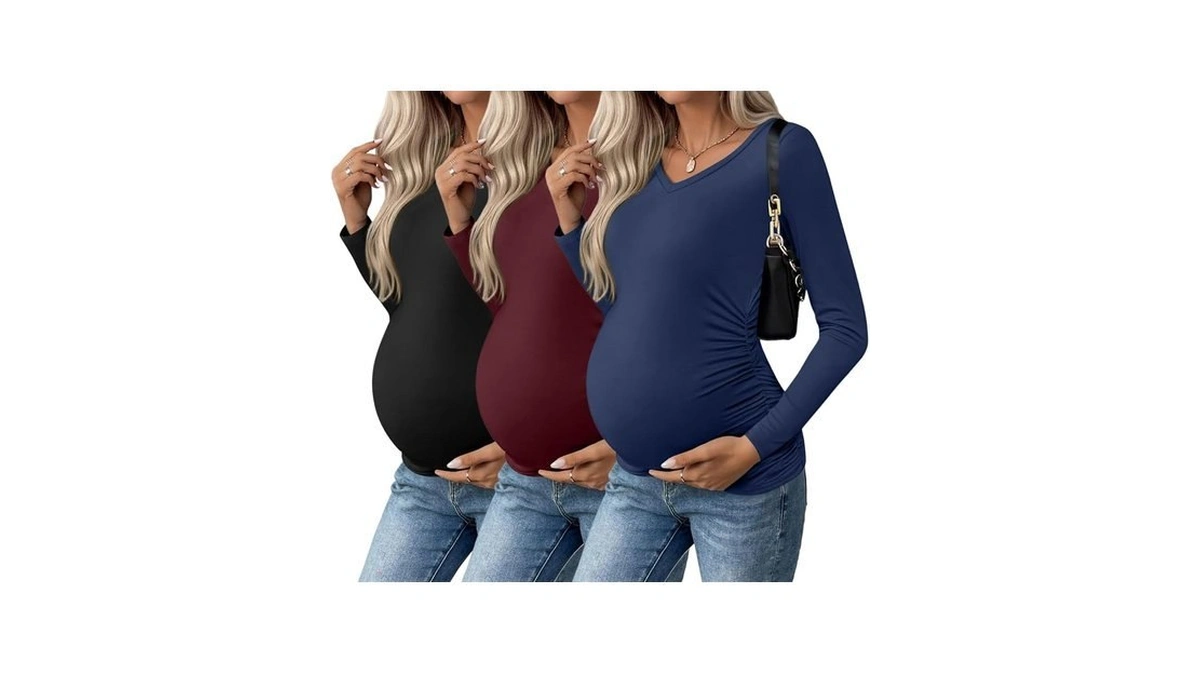 Ekouaer Womens Maternity Shirts Long Sleeve 3 Packs V-neck Pregnancy