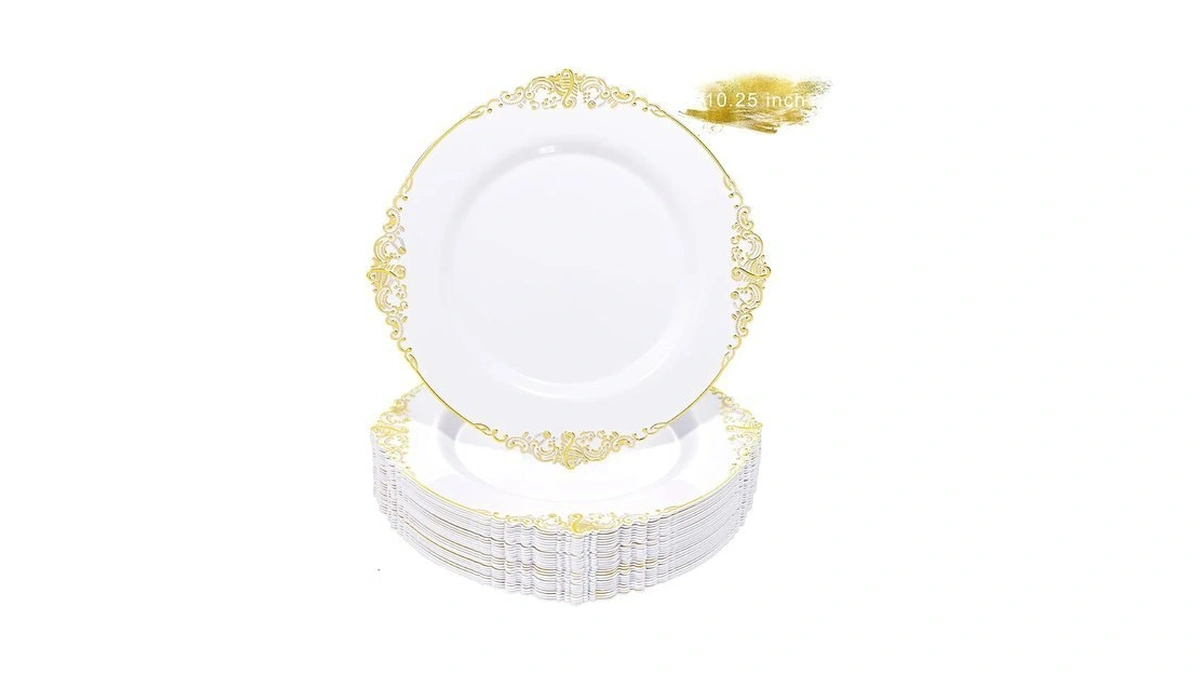 Liacere 50pcs Gold And White Plastic Plates - 10.25inch Disposable