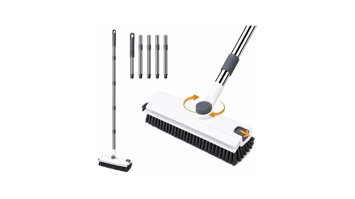 3-in-1 Floor Scrub Brush With Long Handle, Stiff Bristles &