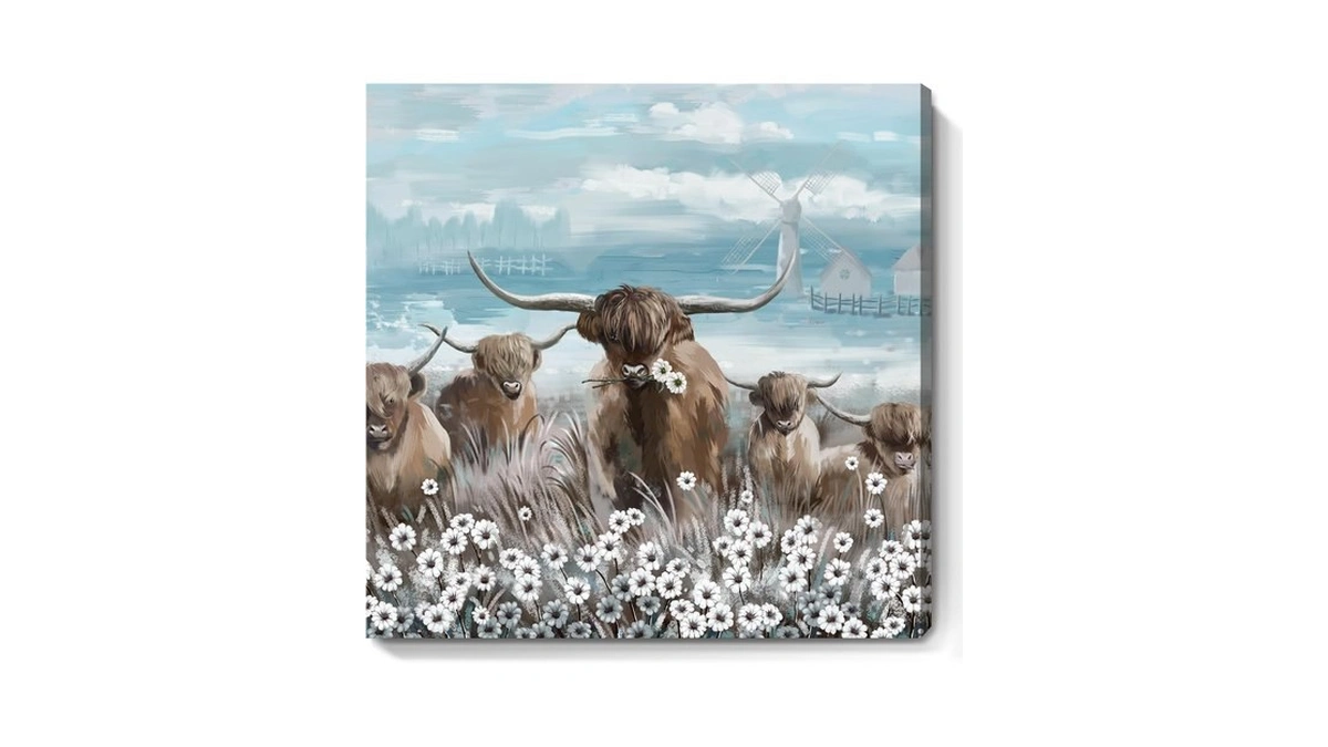 Canvas Wall Art Bathroom Coastal Boho Farmhouse Highland Cow Flower