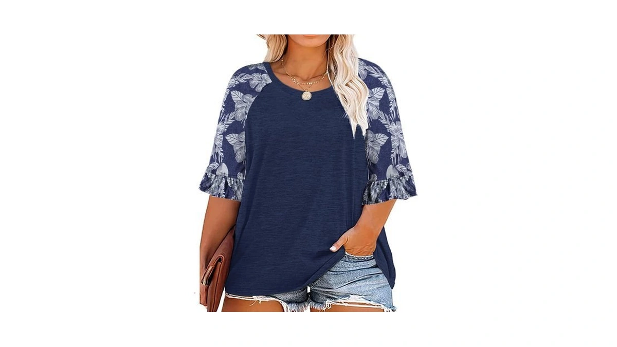 Hdlte Womens Plus Size 3/4 Sleeve Tops Crewneck Floral Ruffle