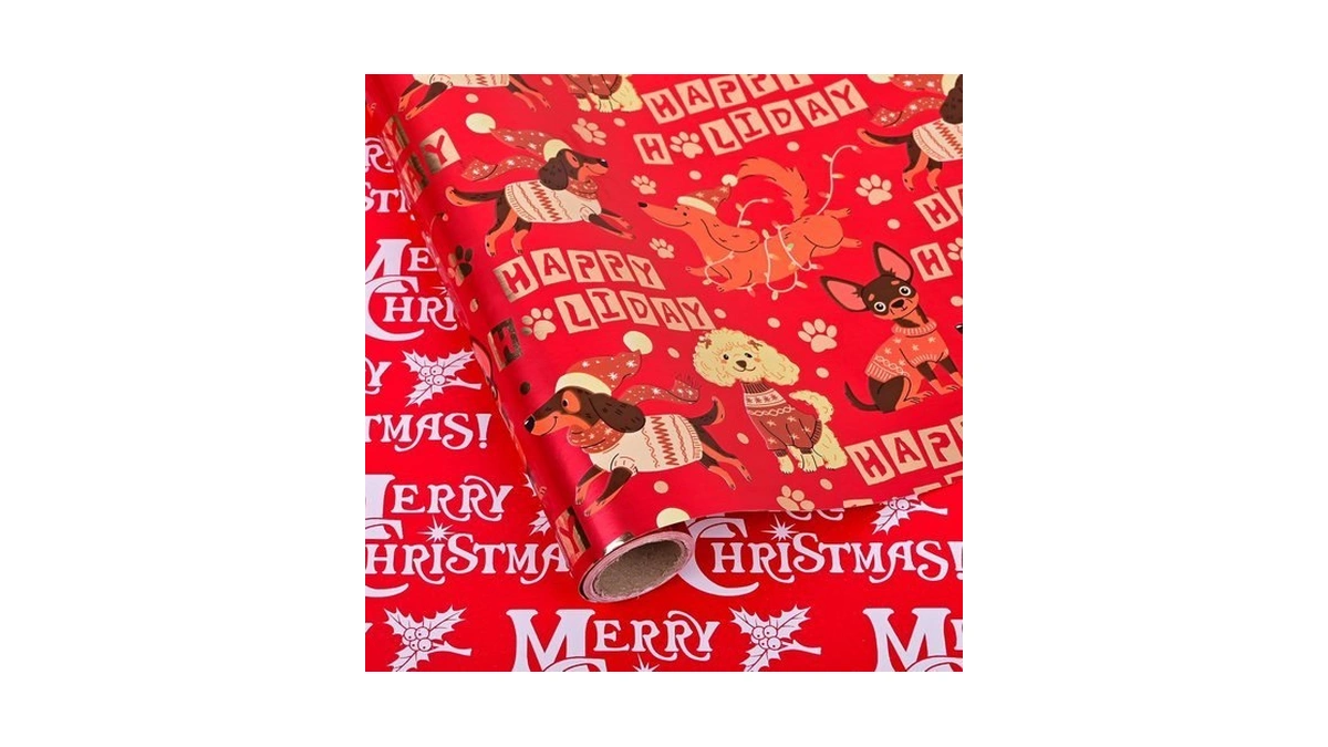 Dlyrroba Reversible Dog Christmas Wrapping Paper Roll - Red Metallic