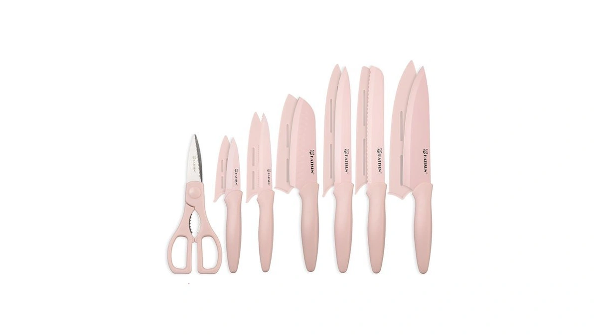 Katisun Kitchen Knife Set With Guards, 13 Piece Pink Non-stick