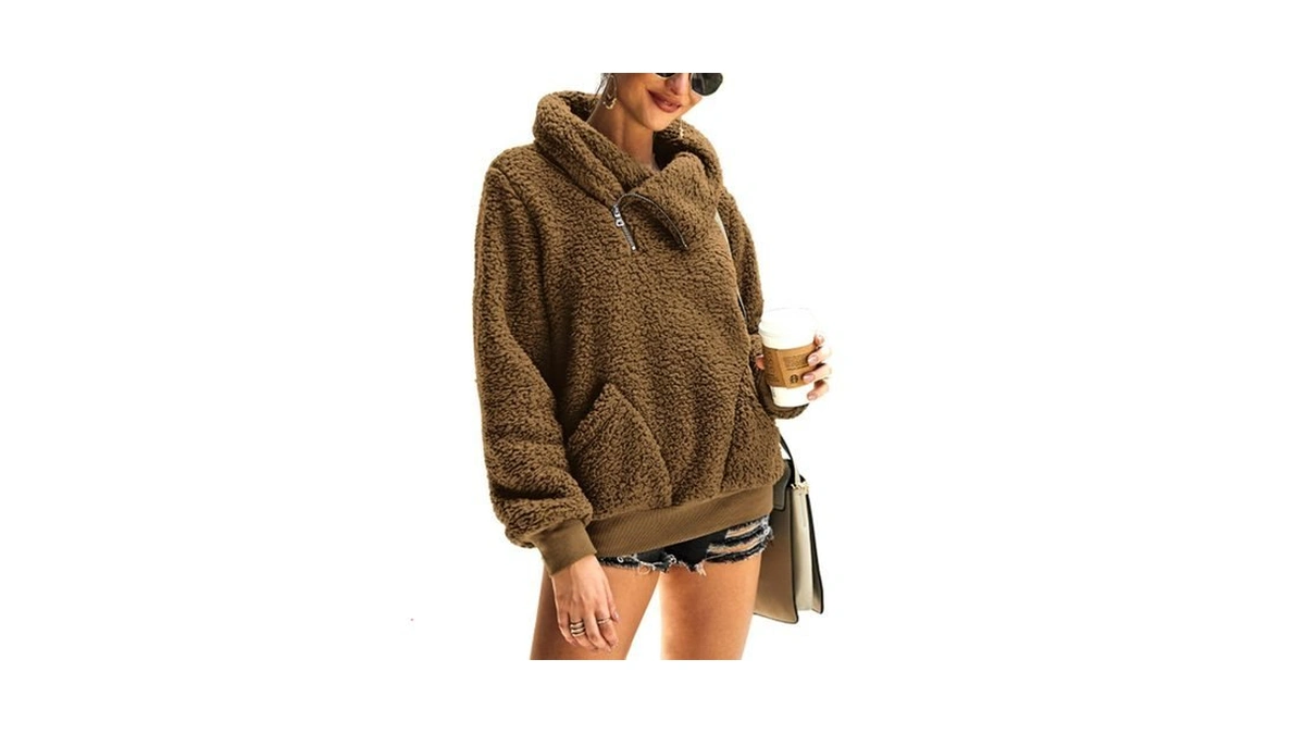 Kirundo Sherpa Pullover Womens Fleece Zip Sweatshirt Fall(brown, L)