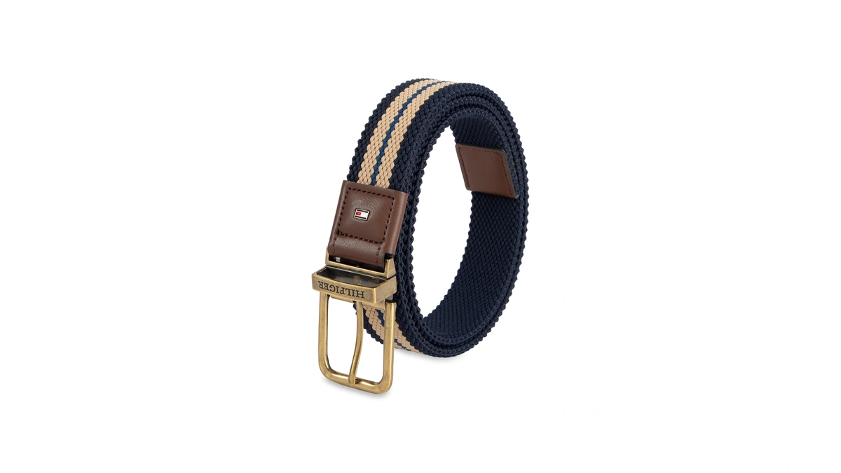 Tommy Hilfiger Men's Reversible Fabric Stretch Belt, Tan/navy, Small