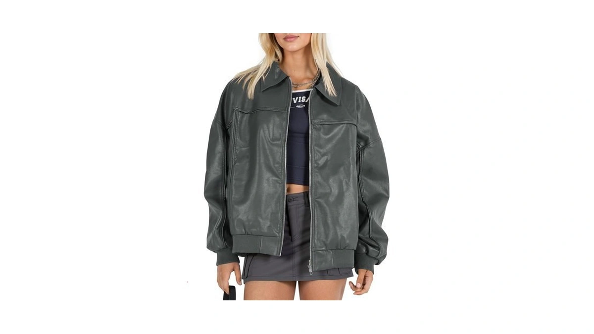 Tankaneo Womens Faux Leather Jacket Oversized Bomber Zip Motor Biker