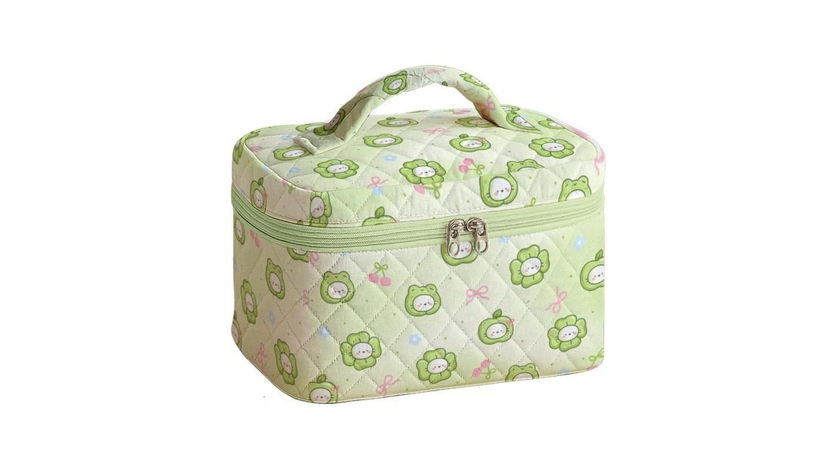 Mysmor Large Quilted Makeup Bag Mint Cat Cosmetic Case For