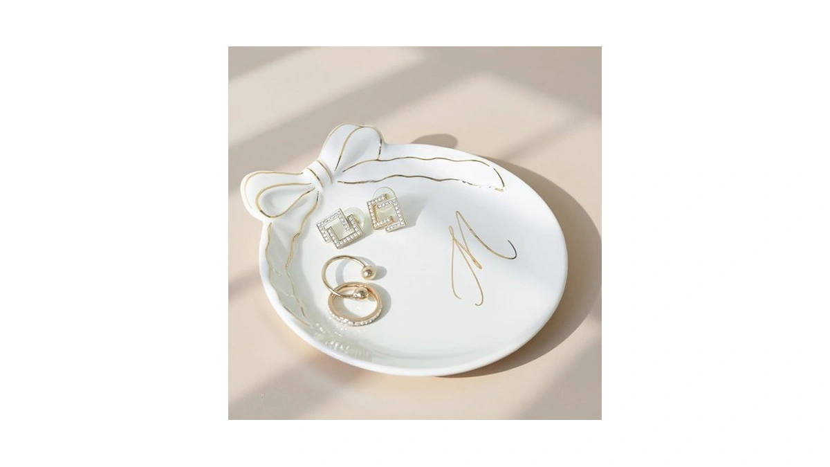 Collective Home Ceramic Jewelry Tray, Monogram Trinket Dish With Bow