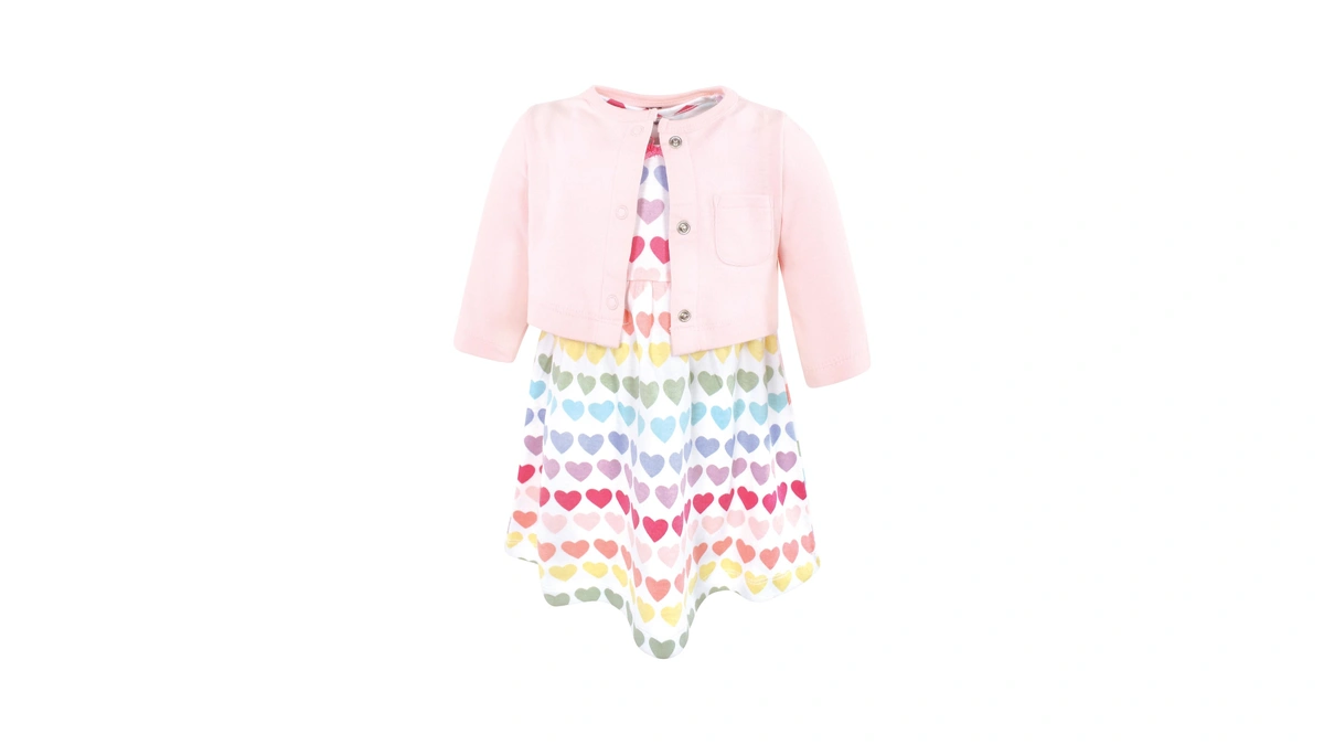 Hudson Baby Girls Cotton Dress And Cardigan Set, Cascading Hearts,