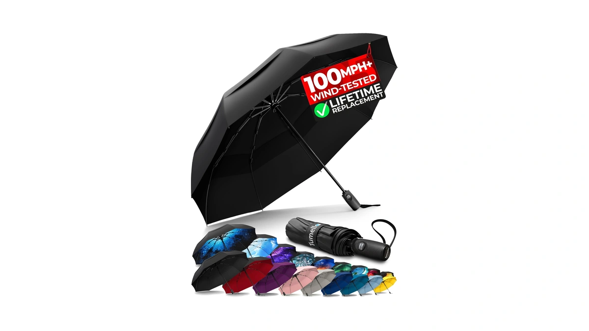 Tumella Strongest Windproof Travel Umbrella (compact, 100mph Wind-tested)