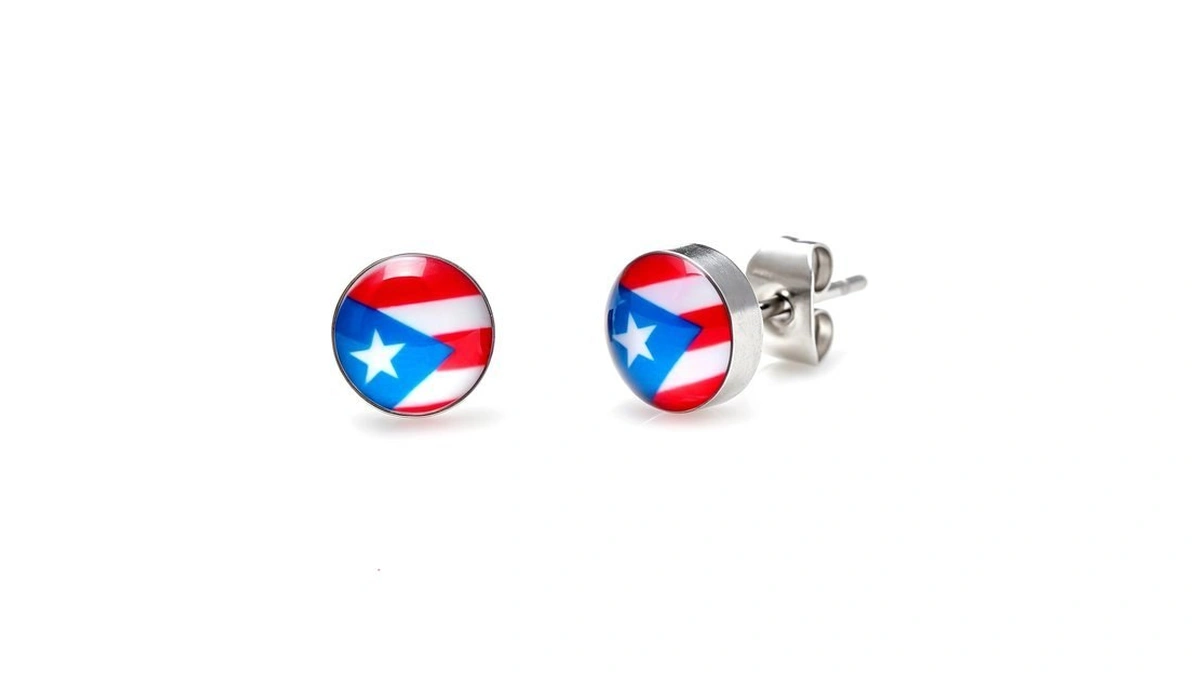 Stainless Steel Puerto Rico Flag Button Stud Earrings